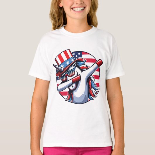 ユニコーン 7月4日 アメリカ国旗 ロケットと花火 Tシャツ (正面)