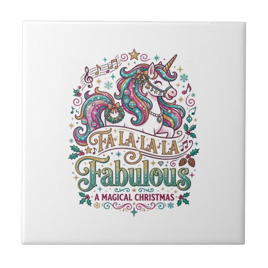 ユニコーン Fa La La La 壮麗な白背景 かわいい タイル (正面)
