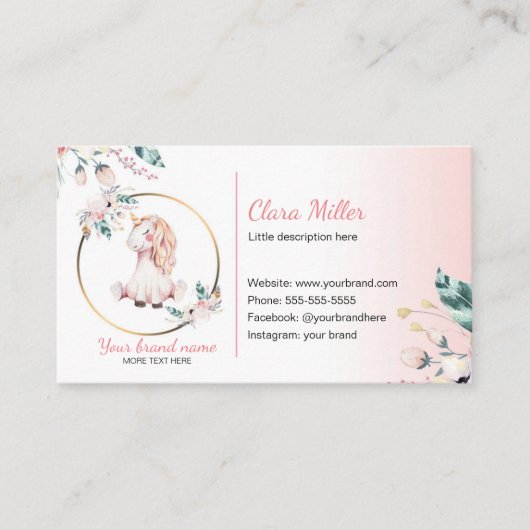 ユニコーンboho名刺ウォーターカラーティール（緑がかった色）ピンク 名刺 (正面)