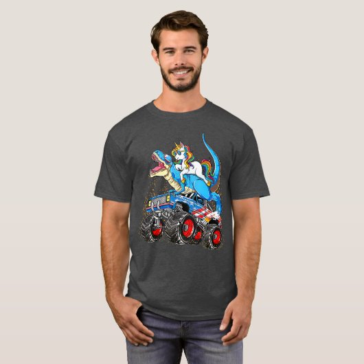 ユニコーンTレックスモンスタートラック少年少女に乗る Tシャツ (正面フル)