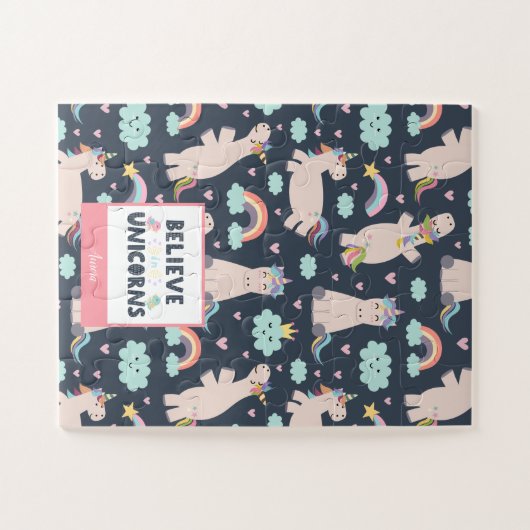 ユニコ信じーンズの青とピンクの女の子のパターンの子 ジグソーパズル (横)