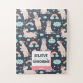 ユニコ信じーンズの青とピンクの女の子のパターンの子 ジグソーパズル (縦)