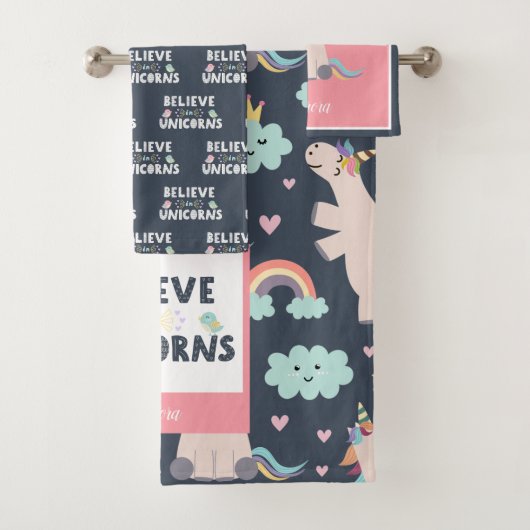 ユニコ信じーンズの青とピンクの女の子のパターンの子 バスタオルセット (インサイチュ)