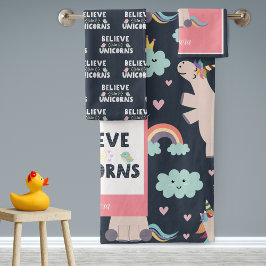 ユニコ信じーンズの青とピンクの女の子のパターンの子 バスタオルセット