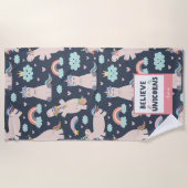 ユニコ信じーンズの青とピンクの女の子のパターンの子 ビーチタオル (正面)