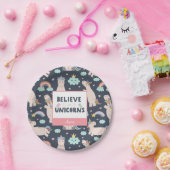 ユニコ信じーンズの青とピンクの女の子のパターンの子 ペーパープレート (パーティー)