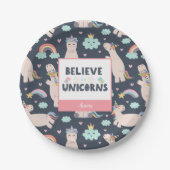 ユニコ信じーンズの青とピンクの女の子のパターンの子 ペーパープレート (正面)