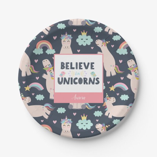 ユニコ信じーンズの青とピンクの女の子のパターンの子 ペーパープレート (正面)