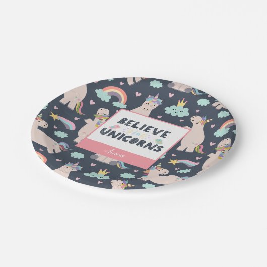 ユニコ信じーンズの青とピンクの女の子のパターンの子 ペーパープレート (アングル)