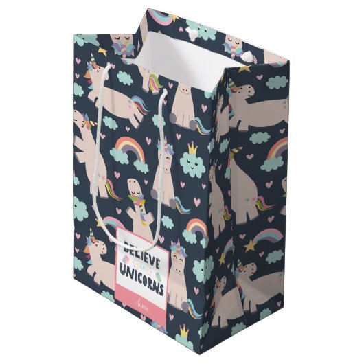 ユニコ信じーンズの青とピンクの女の子のパターンの子 ミディアムペーパーバッグ (正面アングル)