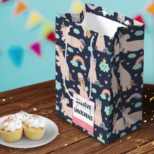 ユニコ信じーンズの青とピンクの女の子のパターンの子 ミディアムペーパーバッグ