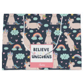 ユニコ信じーンズの青とピンクの女の子のパターンの子 ラージペーパーバッグ (正面)