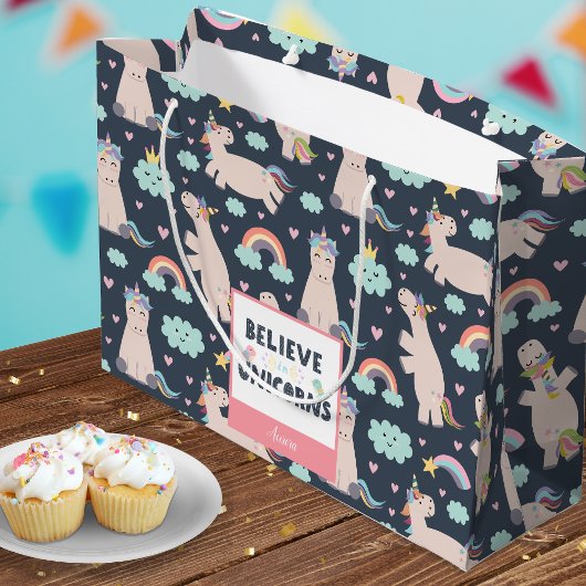 ユニコ信じーンズの青とピンクの女の子のパターンの子 ラージペーパーバッグ