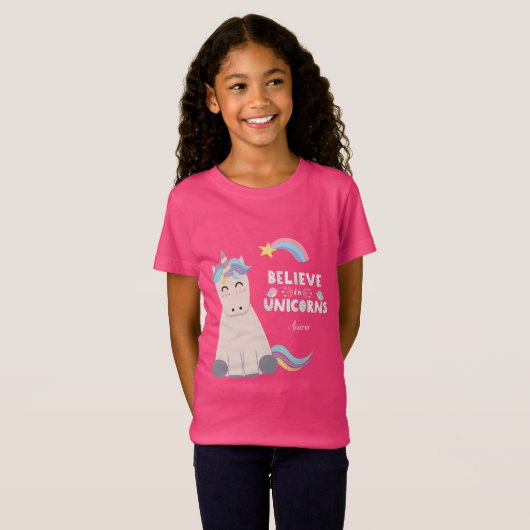 ユニコ信じーンズの青とピンクの女の子のパターンの子 Tシャツ (正面フル)