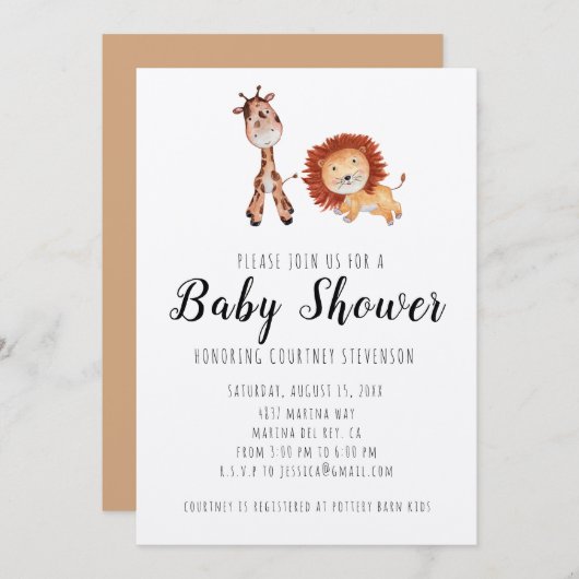ユニセックスなキリンとライオンのベビーシャワー招待状 招待状 (正面/裏面)