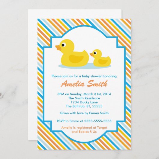 ユニセックスなゴム製ダッキーのベビーシャワーの招待状-男の子 招待状 (正面/裏面)