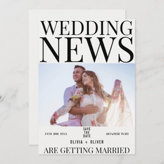 ユニークおもしろい写真結婚新聞 セーブザデート (正面/裏面)