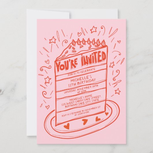 ユニークお洒落おもしろい手書きお誕生日ケーキ 招待状 (正面)