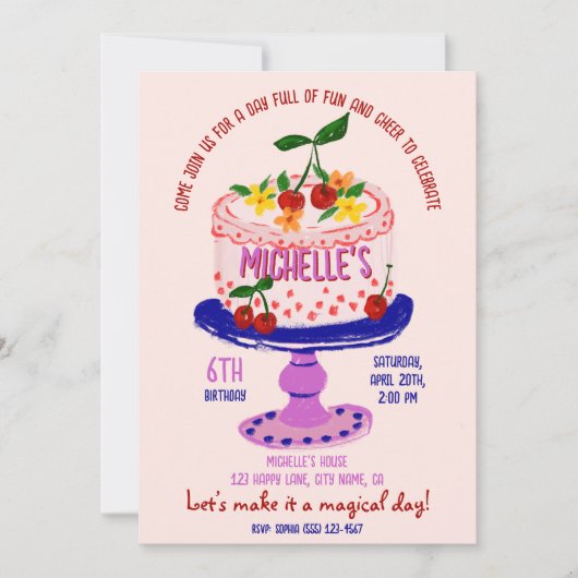ユニークお洒落予測できなお誕生日ケーキさくらんぼ 招待状 (正面)