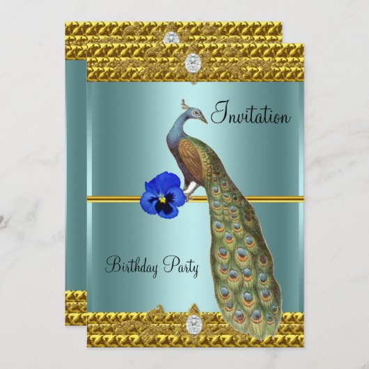 ユニークでエレガントなゴールドとピーコックの招待状 招待状 (正面/裏面)