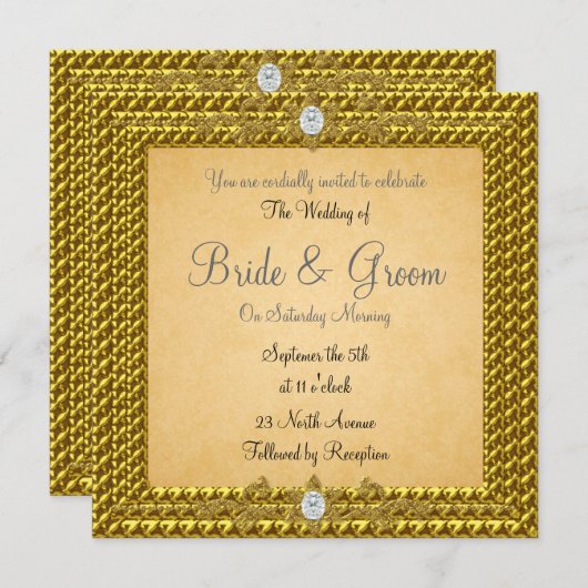 ユニークでエレガントなゴールドの結婚式招待状 招待状 (正面/裏面)
