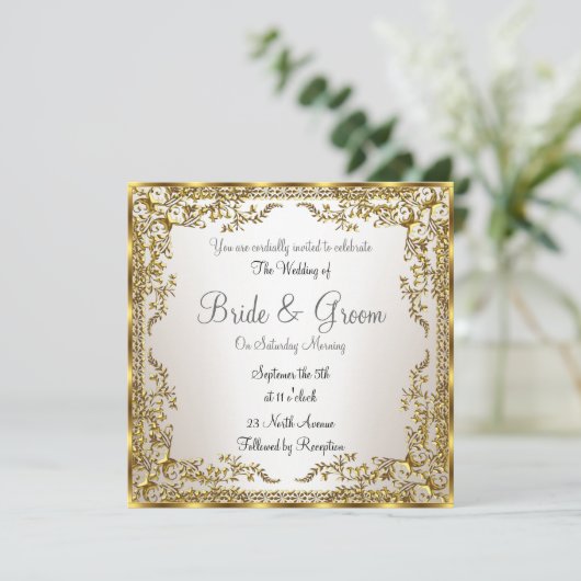 ユニークでエレガントな ゴールド セピア 結婚式招待状 招待状 (スタンド正面)