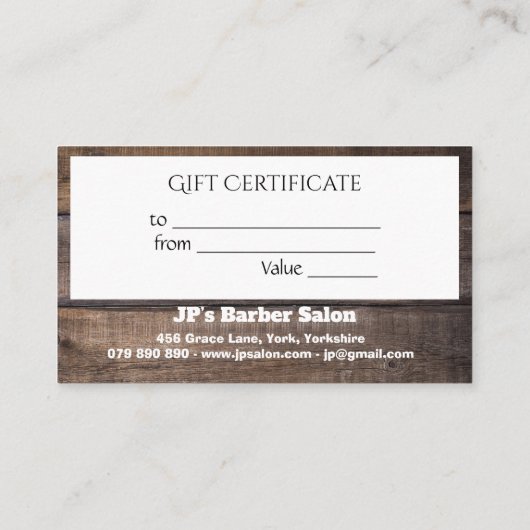 ユニークでモダンで素朴な木製のギフト券 ロイヤリティカード (裏面)