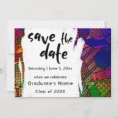 ユニークで個性的なカラフルな幾何学模様の「Save the Date」2 招待状 (正面)