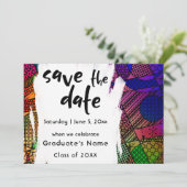 ユニークで個性的なカラフルな幾何学模様の「Save the Date」2 招待状 (スタンド正面)