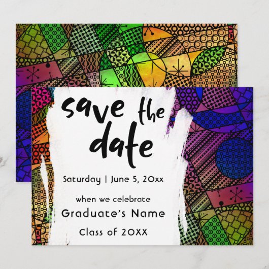 ユニークで個性的なカラフルな幾何学模様の「Save the Date」2 招待状 (正面/裏面)