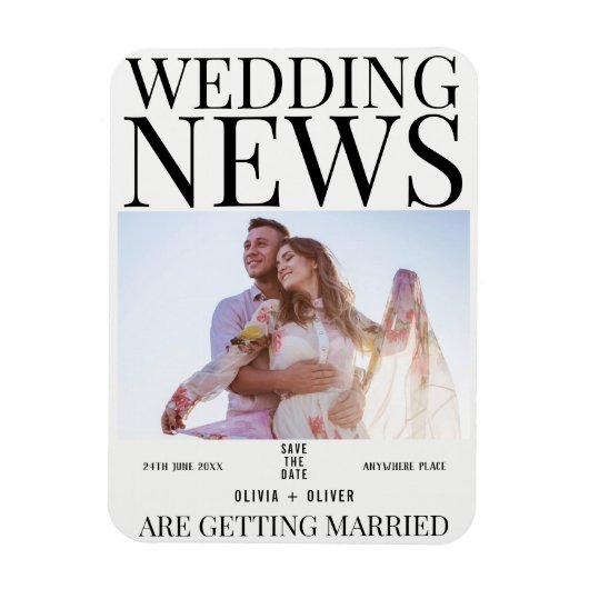 ユニークで楽しい写真新聞の結婚式セーブザデート マグネット (縦)