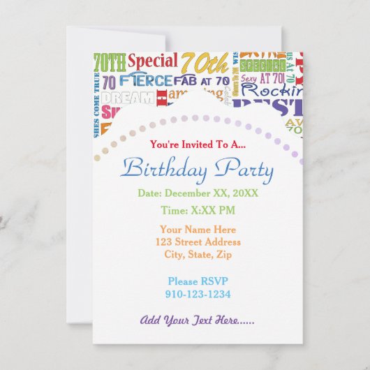 ユニークで特別な70歳の誕生日パーティーの贈り物 招待状 (正面)