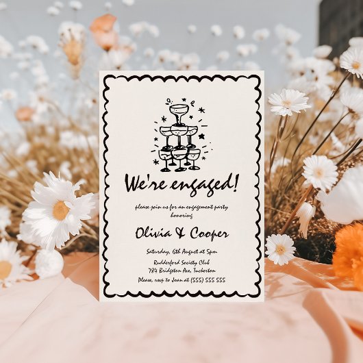 ユニークで風変わりな手描きレトロエンゲージメントパーティー 招待状