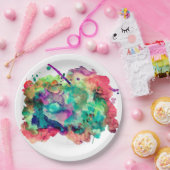 ユニークで、はっきりしたで、カラフルな水彩画のペンキの(ばちゃばちゃ)跳ねる ペーパープレート (パーティー)