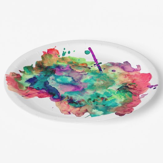 ユニークで、はっきりしたで、カラフルな水彩画のペンキの(ばちゃばちゃ)跳ねる ペーパープレート (アングル)