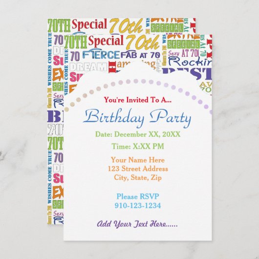 ユニークと特別70歳の誕生日パーティギフト 招待状 (正面/裏面)