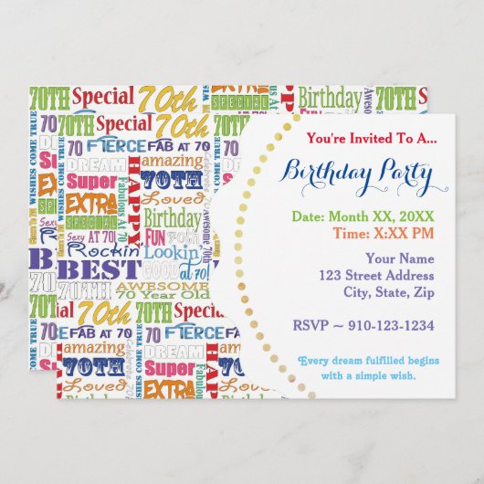 ユニークと特別70歳の誕生日パーティギフト 招待状 (正面/裏面)