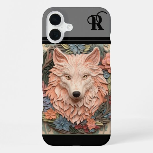 ユニークなオオカミと花のモノグラム iPhoneケース (裏面)