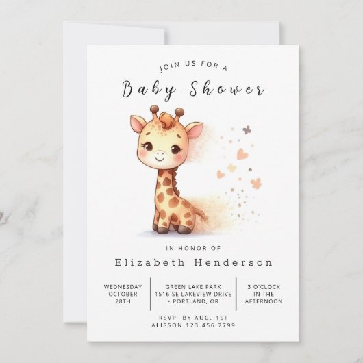 ユニークなカスタムキリン赤ちゃんシャワー 招待状 (正面)