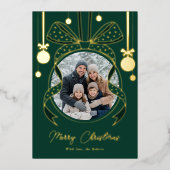 ユニークなクリスマスオーナメントのリボンと写真 箔シーズンカード (正面)