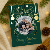 ユニークなクリスマスオーナメントのリボンと写真 箔シーズンカード