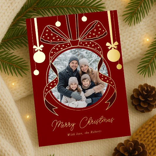 ユニークなクリスマスオーナメントのリボンと写真 箔シーズンカード