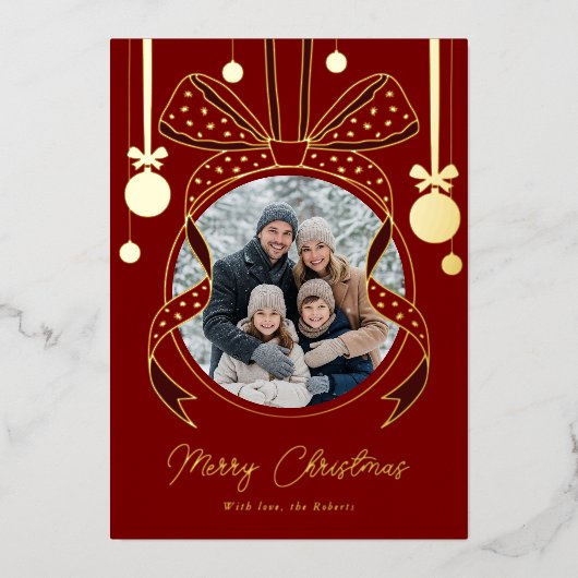 ユニークなクリスマスオーナメントのリボンと写真 箔シーズンカード (正面)
