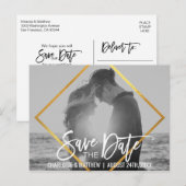 ユニークなゴールドスクリプトウェディング SAVE THE DATE(写真付き) 案内ポストカード (正面/裏面)