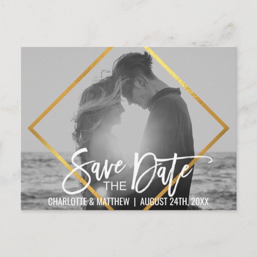 ユニークなゴールドスクリプトウェディング SAVE THE DATE(写真付き) 案内ポストカード (正面)
