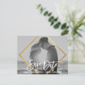 ユニークなゴールドスクリプトウェディング SAVE THE DATE(写真付き) 案内ポストカード (スタンド正面)
