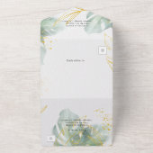 ユニークなセージグリーンとゴールドのトロピカルリーフ ウェディング オールインワン招待状 (外側)