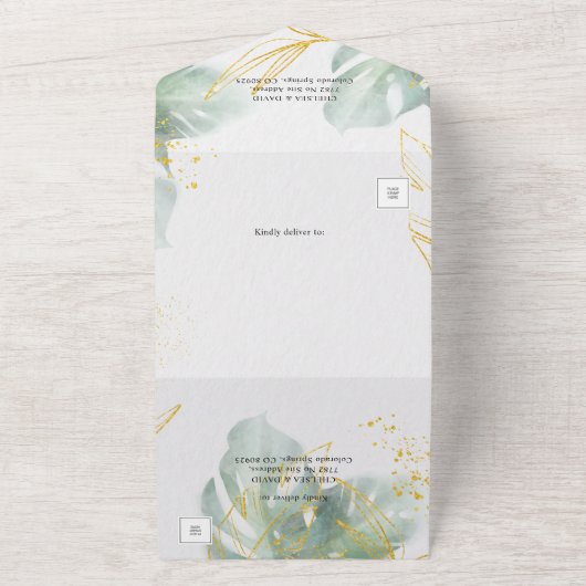 ユニークなセージグリーンとゴールドのトロピカルリーフ ウェディング オールインワン招待状 (外側)