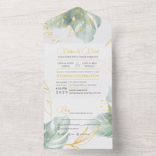 ユニークなセージグリーンとゴールドのトロピカルリーフ ウェディング オールインワン招待状 (内側)