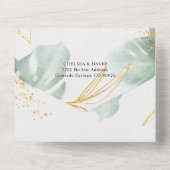 ユニークなセージグリーンとゴールドのトロピカルリーフ ウェディング オールインワン招待状 (裏面)